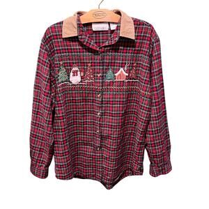 Vintage Casey Max Christmas Plaid Shirt Embroidered Holiday Blouse L